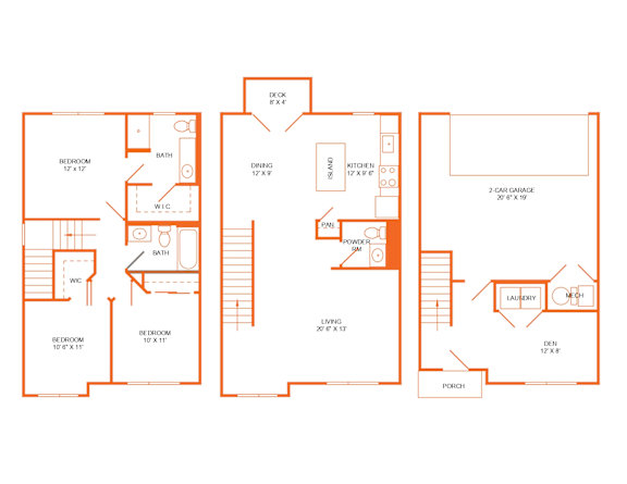 A floor plan of a house with three bedrooms, a bathroom, a deck, a garage, a laundry room, a kitchen, a dining room, and a pantry.