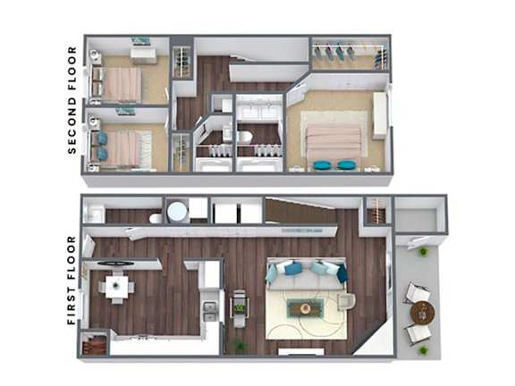 A floor plan of a two-story apartment with a living room, kitchen, and bedrooms.