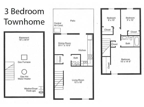 3Bedroom Floor Plan at Sharon Green Townhomes, Columbus, OH, 43229
