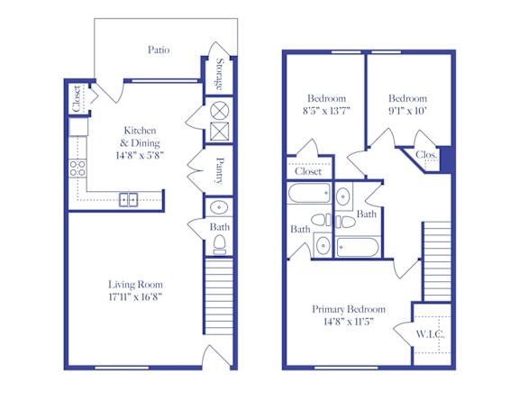 A blueprint of a house layout with a living room, two bedrooms, a kitchen, a bath, and a patio.