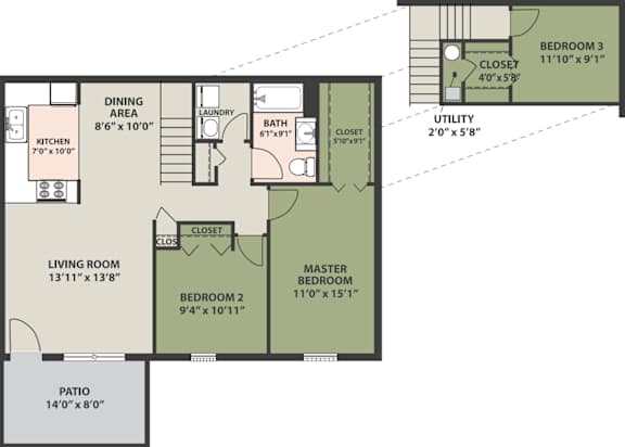 A floor plan of a house with a living room, dining area, kitchen, and three bedrooms.
