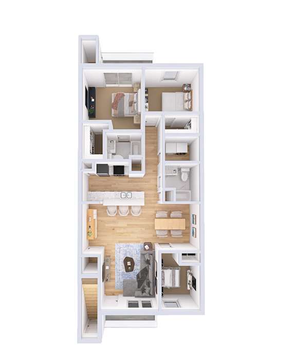 A floor plan of a two-bedroom apartment with a living room, kitchen, and bathroom.