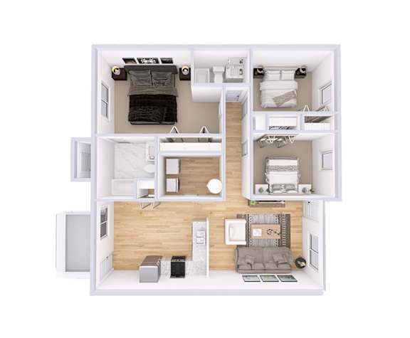 A top-down view of a small apartment with a kitchen, living room, and bedroom.