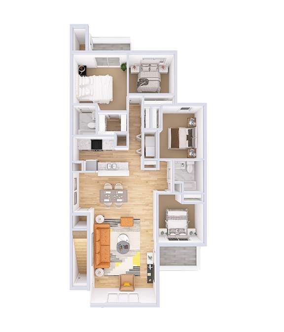 A floor plan of a house with a kitchen, living room, dining room, and bedrooms.