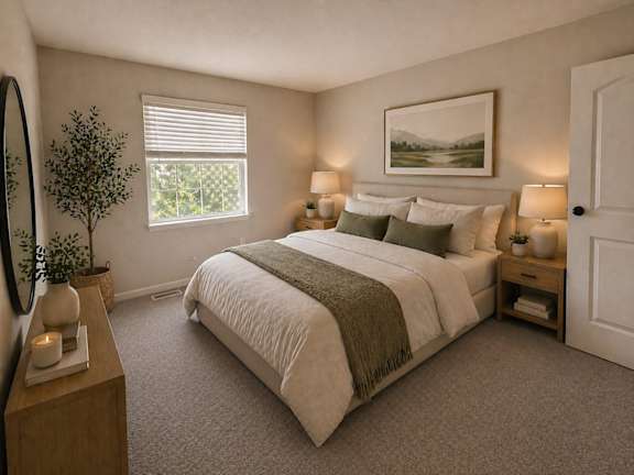 A bedroom with a large bed, a nightstand with a lamp, and a painting on the wall.