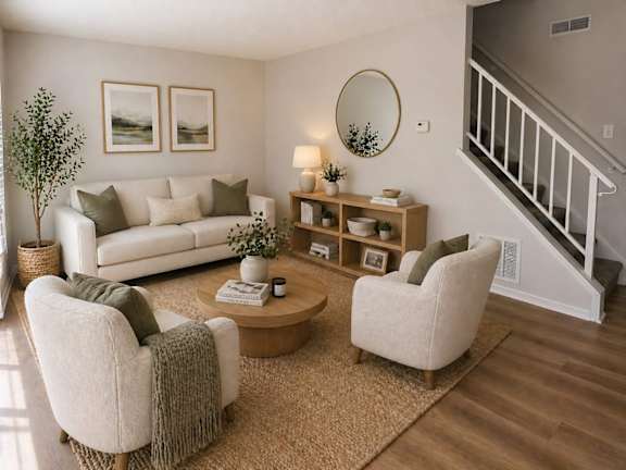 A living room with a white couch, two chairs, a coffee table, and a staircase.