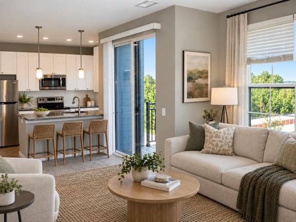 A modern living room with a kitchen area in the background.