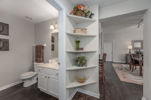 Bathroom with shelves and a toilet and a sink