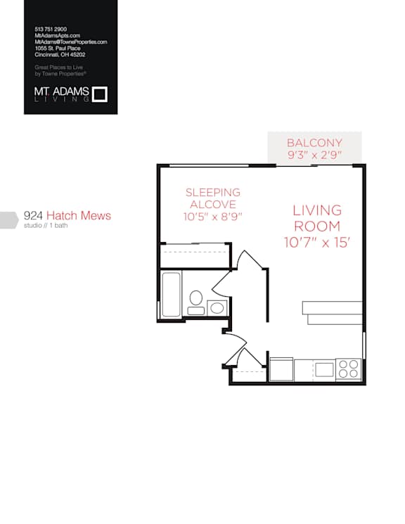 A floor plan for a studio apartment with a sleeping alcove and living room.