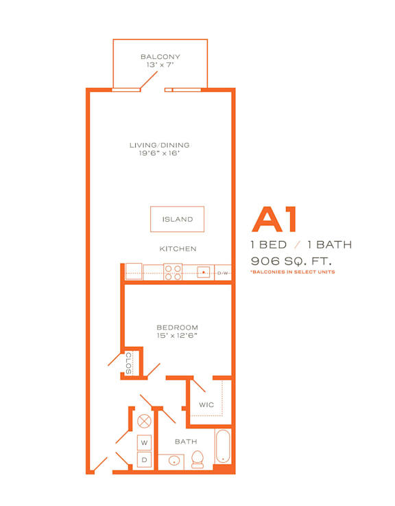 A floor plan for a balcony apartment with a kitchen, living/dining area, and bathroom.