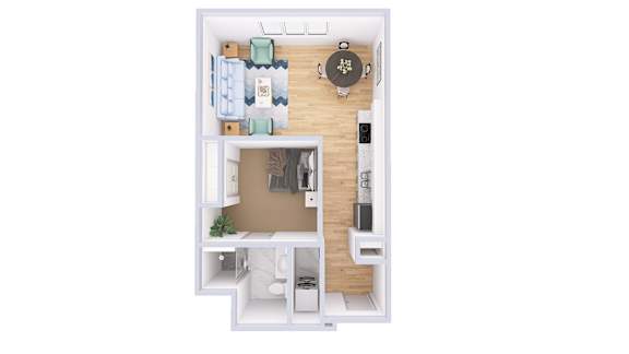A top down view of a small apartment with a bed, a desk, and a kitchenette.
