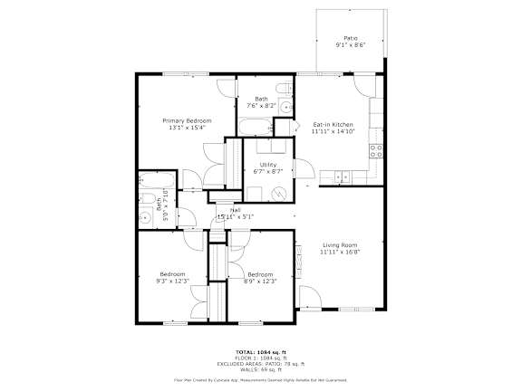 A black and white floor plan of a house with a total area of 1084 square feet.