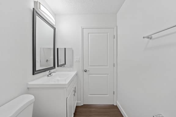 a bathroom with a sink and a mirror and a door