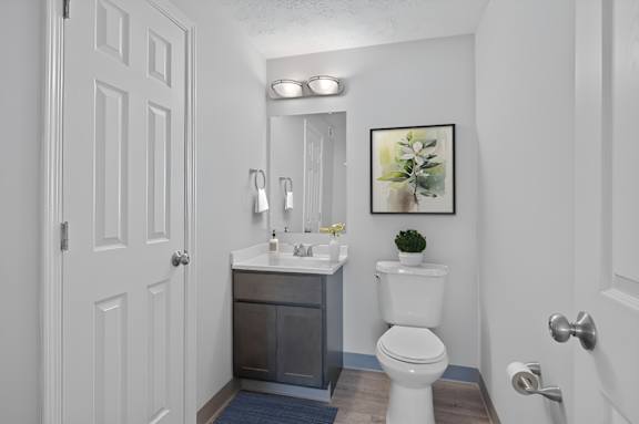 A bathroom with a toilet, sink, and mirror. at The Apex, Cincinnati, OH