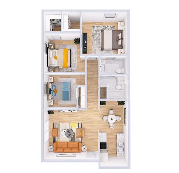 Floor Plan  A top-down view of a small apartment with a living room, kitchen, and bedroom.