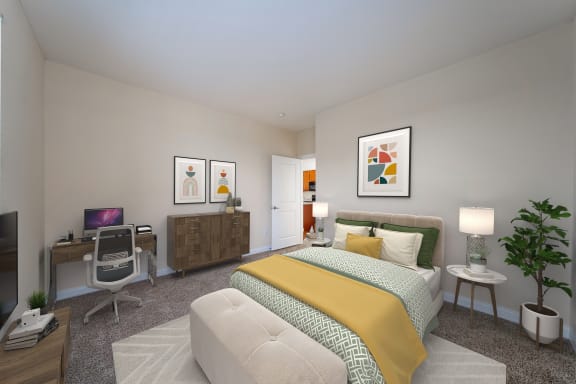 a bedroom with a bed and a desk and a tv  at Grove City Summit, Ohio, 43123
