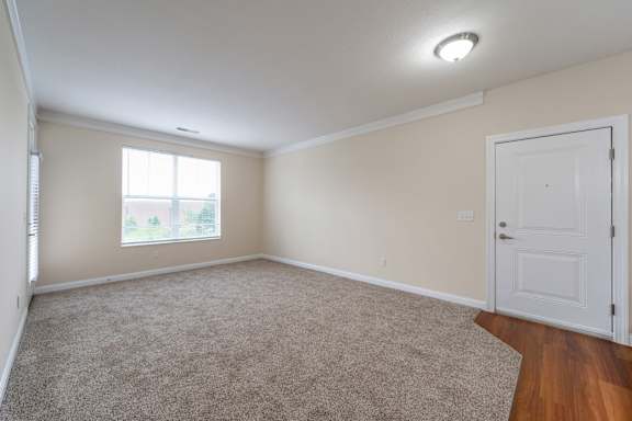 A room with a carpeted floor and a white door.