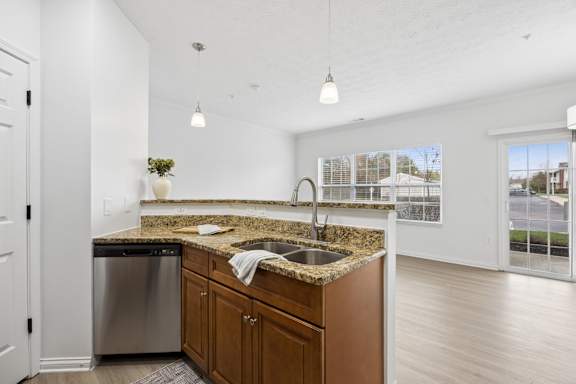 A kitchen with a granite countertop and a stainless steel dishwasher.