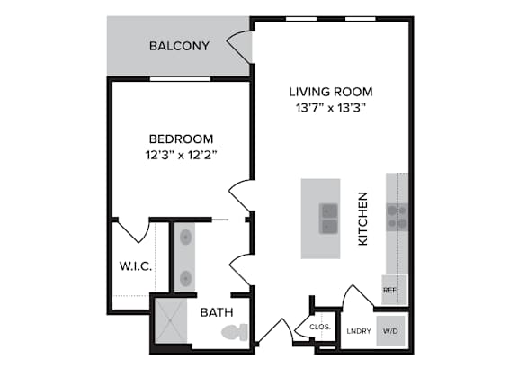 A floor plan of a home with a living room, bedroom, bathroom, and kitchen.