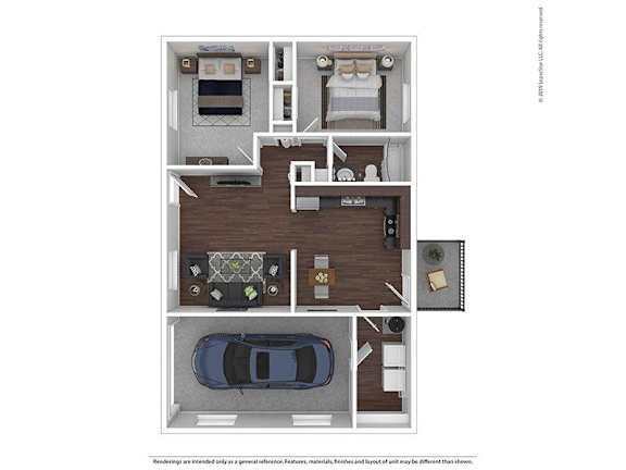A drawing of a house with a kitchen, living room, and bedrooms.