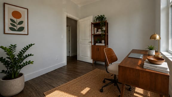 A room with a desk, chair, and potted plant.