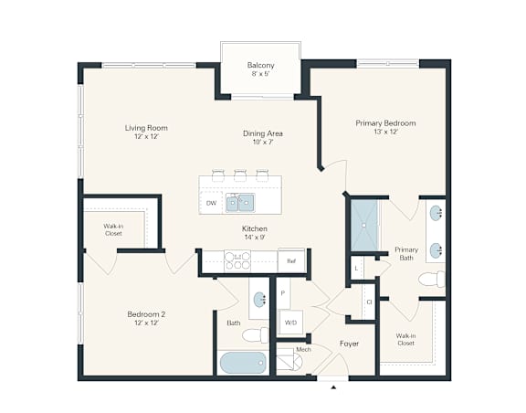 A floor plan of a house with a living room, two bedrooms, a kitchen, a dining area, a bathroom, and a foyer.
