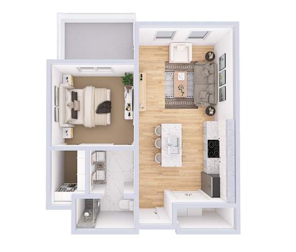 A top down view of a small apartment with a bedroom, living room, and kitchen.