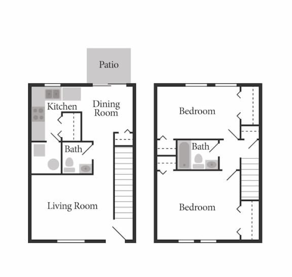2 Bed Townhome - North Floor Plan at Coldwater Flats, Evansville, 47714