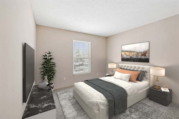 A bedroom with a large bed, a flat screen TV, and a potted plant.
