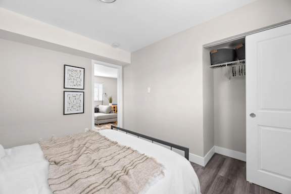 Modern Bedroom at The Rand Apartments, Columbus, 43227