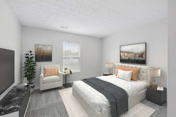 A bedroom with a large bed, a chair, and a painting on the wall.