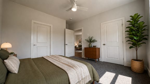 A bedroom with a bed, a dresser, and a plant.