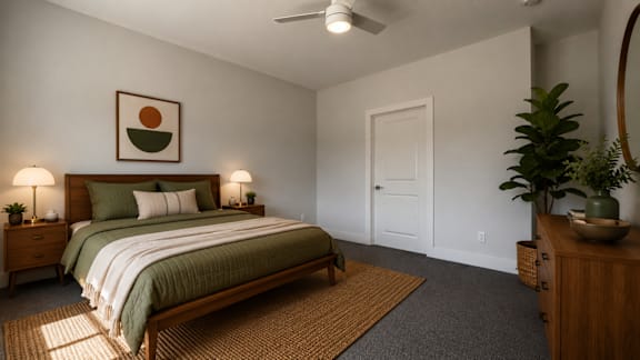 A bedroom with a bed, nightstands, and a plant.