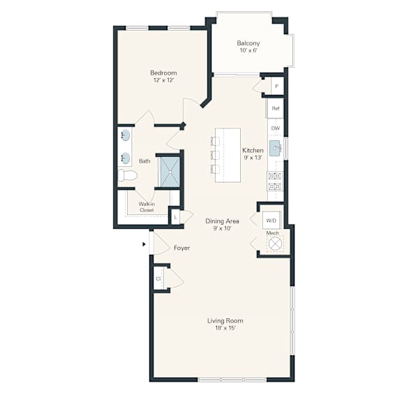 A floor plan of a house with a living room, dining area, kitchen, bathroom, bedroom and balcony.