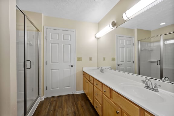a bathroom with a large mirror and a sink and a shower at Bishops Gate, Cincinnati, 45249