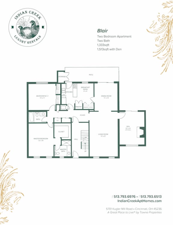 2 Bed 2 Bath Floor Plan at Indian Creek Apartments, Cincinnati, 45236