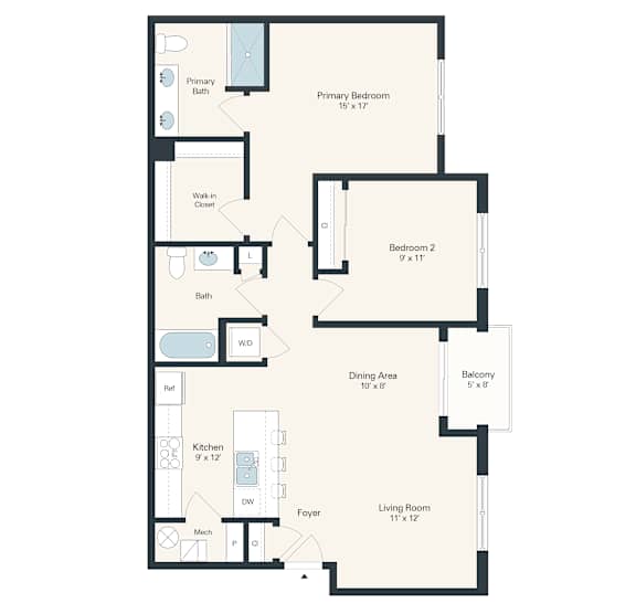 A floor plan of a house with a primary bedroom, a dining area, a living room, a kitchen, a bathroom, a foyer, and a balcony.