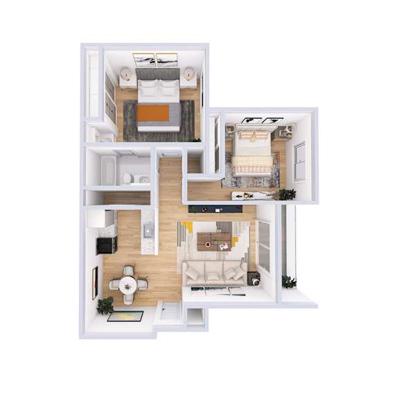 A top-down view of a modern apartment layout with a living room, kitchen, and bedroom.