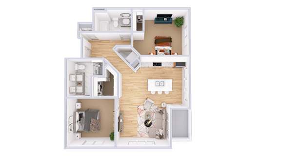 A top-down view of a small apartment with a kitchen, living room, and bedroom.
