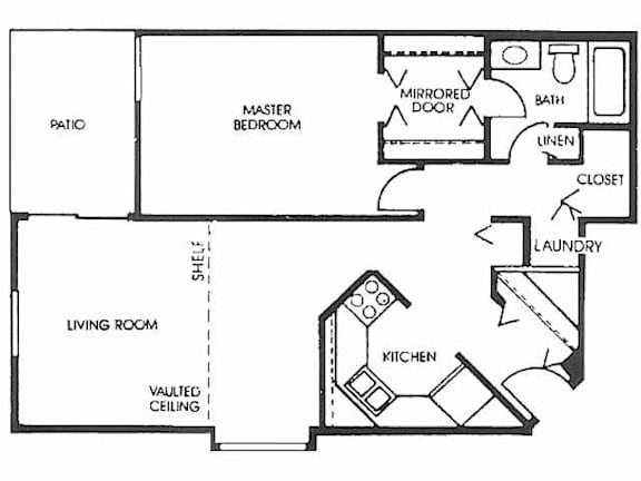 A floor plan of a house with a living room, kitchen, master bedroom, and bathroom.