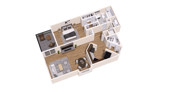 A 3D rendered image of a house layout.