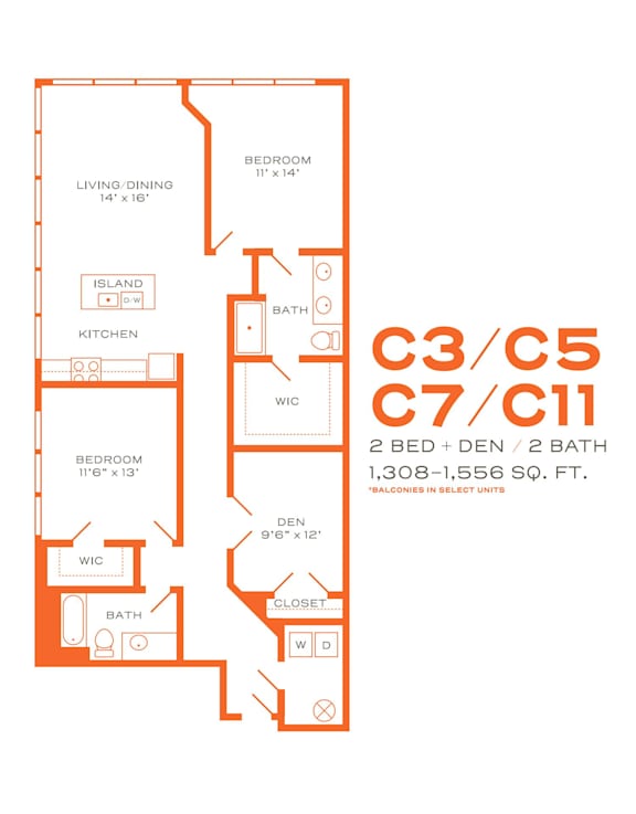 A floor plan for a small apartment with two bedrooms and two bathrooms.