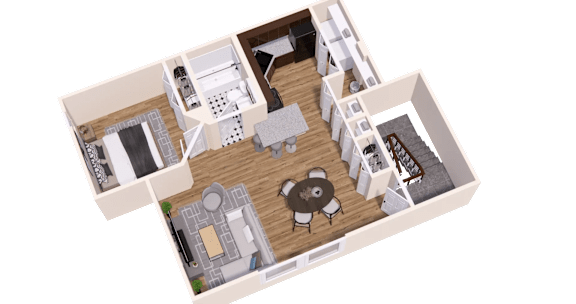 A 3D floor plan of a house with a living room, kitchen, dining room, and two bedrooms.