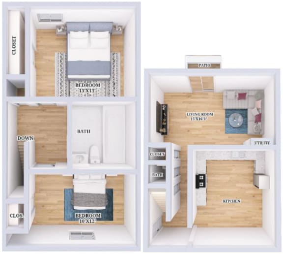 a stylized floor plan of a small house with a bedroom and a bathroom