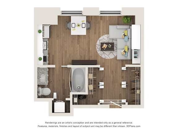 Floor Plan  A 3D floor plan of a small apartment with a kitchen, living room, and bathroom.