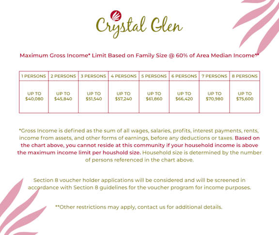 A flyer for Crystal Glen outlines the maximum gross income limits based on family size.