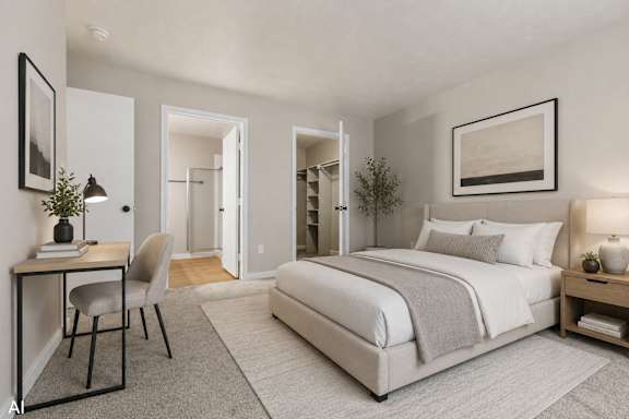 A bedroom with a large bed, a desk with a chair, and a nightstand with a lamp.