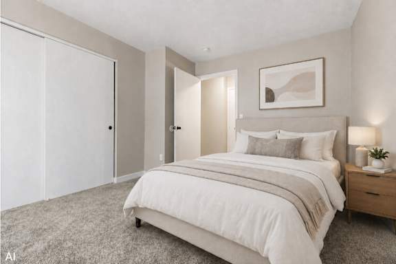 A bedroom with a large bed and a nightstand with a plant on it.