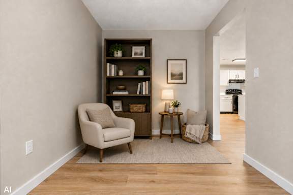 A living room with a chair, a table, and a bookshelf.