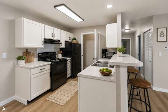 A modern kitchen with black appliances and white cabinets.